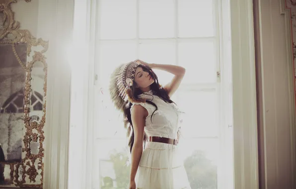 Girl, dress, brunette, window, fur, strap