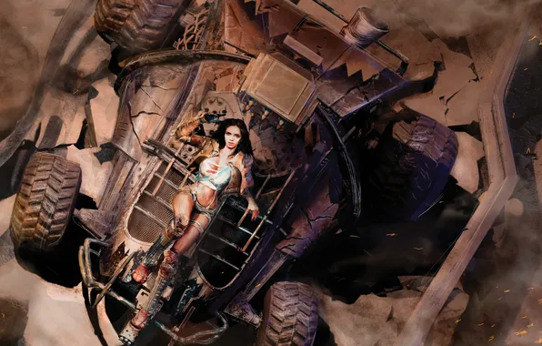 Picture sexy, boobs, brunette, look, pose, female, Highway, destruction