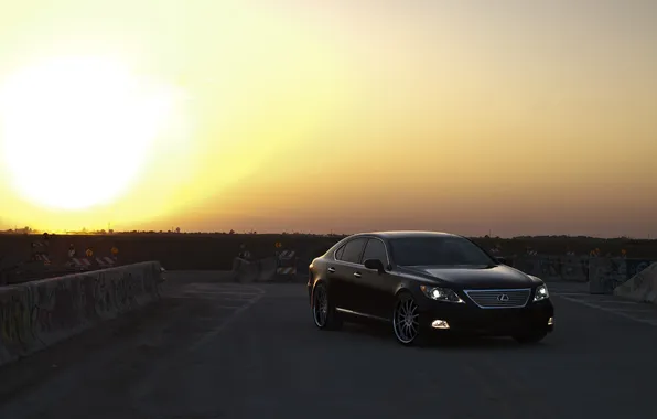 Picture road, the sky, the sun, sunset, black, Lexus, black, Lexus