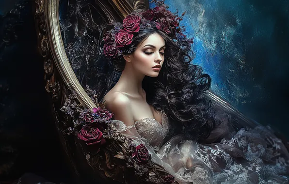 Girl, flowers, boat, fantasy, Princess, closed eyes, AI art, neural network