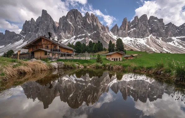 Picture mountains, lake, reflection, Alps, Italy, The Dolomites