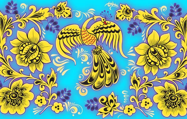 Leaves, flowers, blue, bird, patterns, Russia, Khokhloma, Firebird