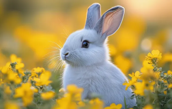 White, look, flowers, hare, yellow, rabbit, face, Bunny