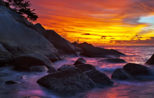 Picture sea, sunset, stones