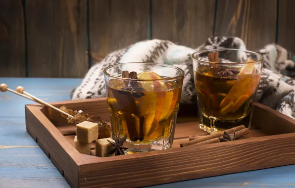 Apples, honey, drink, cinnamon, tray, spices