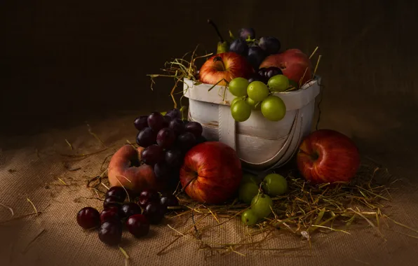 The dark background, background, apples, food, grapes, straw, fruit, still life