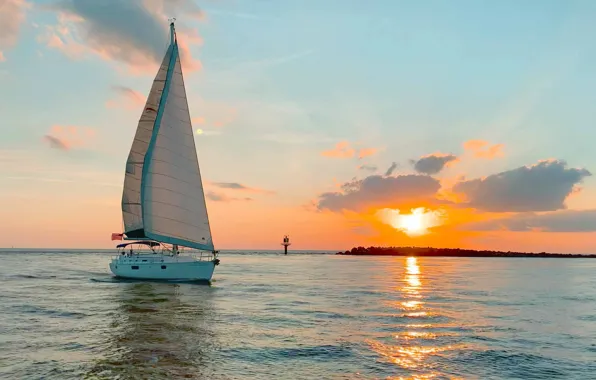 Sunset, the ocean, coast, the evening, yacht, sail, walk, sea romance