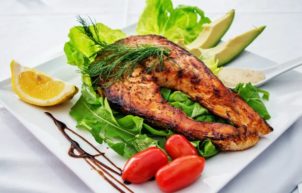 Leaves, lemon, fish, plate, vegetables, tomatoes, salad