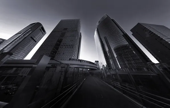 Train, skyscrapers, Japan, Tokyo, architecture, monochrome