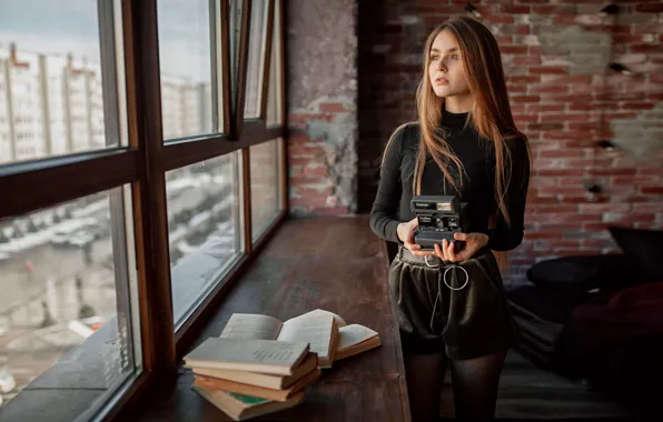 Look, girl, books, window, the camera, Polaroid, Alexey Yuriev
