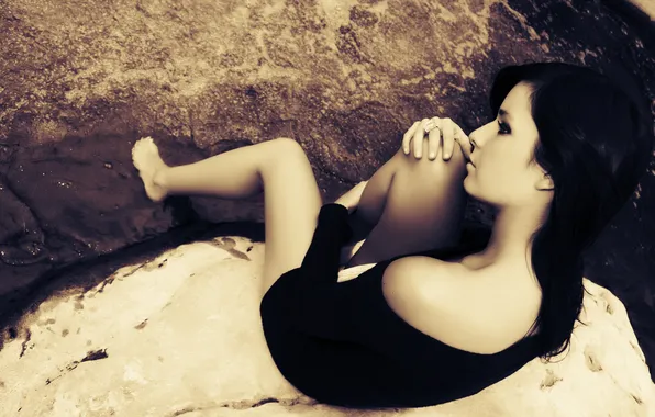 Sadness, look, water, girl, stones, photo, mood