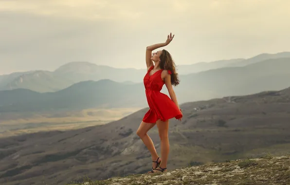 Picture girl, mountains, red, pose, the wind, hair, figure, dress