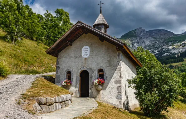 Mountains, France, chapel, Savoie