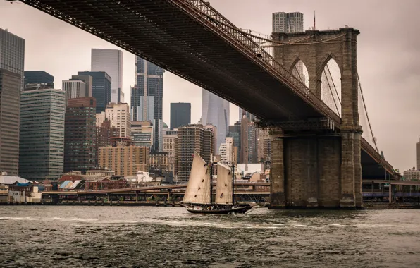Water, Bridge, The city, Schooner