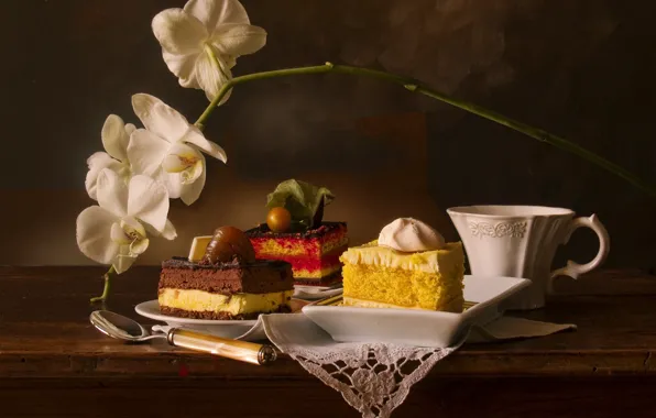 Cup, still life, dessert, Orchid, cakes