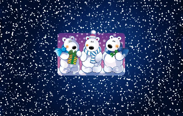 Picture Winter, Minimalism, Snow, Three, Background, New year, Bears, Holiday