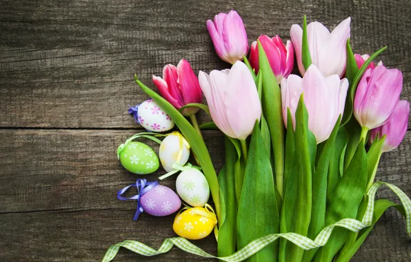 Picture flowers, eggs, colorful, Easter, tulips, happy, wood, pink, flowers, tulips, Easter, purple, eggs, decoration