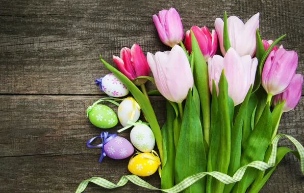 Flowers, eggs, colorful, Easter, tulips, happy, wood, pink