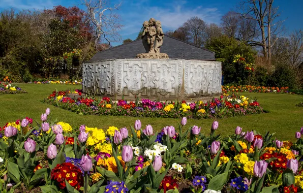 Trees, flowers, Park, lawn, garden, tulips, UK, sculpture