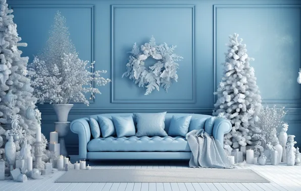 Winter, decoration, room, balls, tree, interior, New Year, Christmas