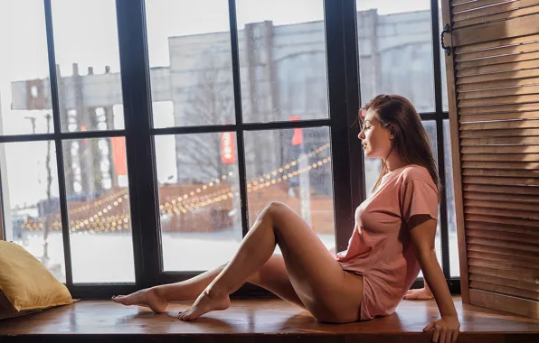 Ass, model, women, window, brunette, t-shirt, sitting, closed eyes