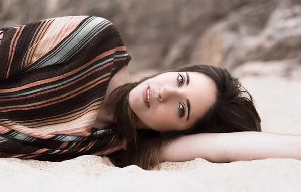 Sand, girl, brunette, lies