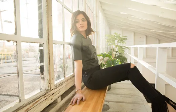 Picture actress, brunette, sitting, Lucy Hale