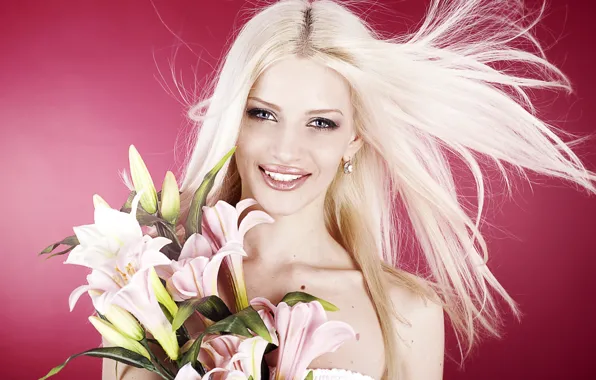 Picture girl, flowers, smile, background, Lily, portrait, bouquet, makeup