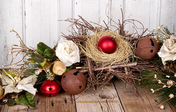 Balls, table, toys, Board, roses, branch, New Year, Christmas