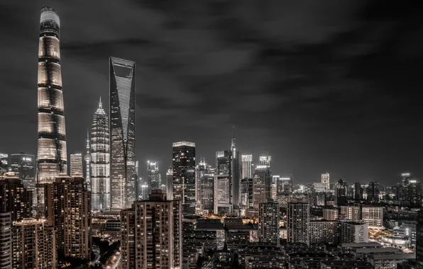 Clouds, night, the city, lights, the dark background, view, building, tower