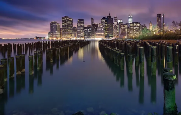 The city, lights, river, building, New York, skyscrapers, the evening, USA
