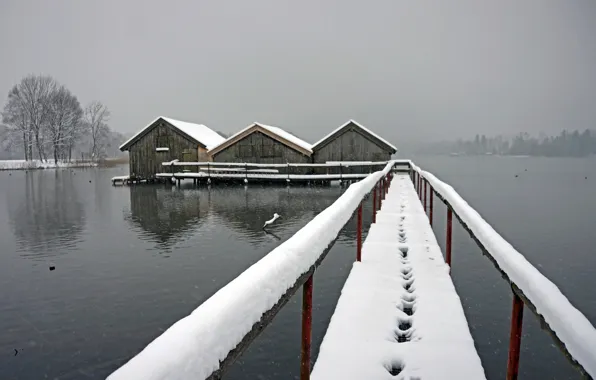 Snow, bridge, fog, lake