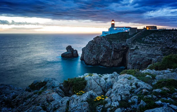 Clouds, the ocean, rocks, coast, lighthouse, the evening, Portugal, Algarve