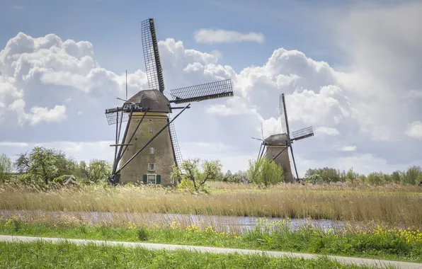 Field, the sky, clouds, windmills, windmill