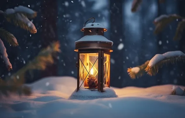 Winter, light, snow, night, candle, Christmas, flashlight, lantern