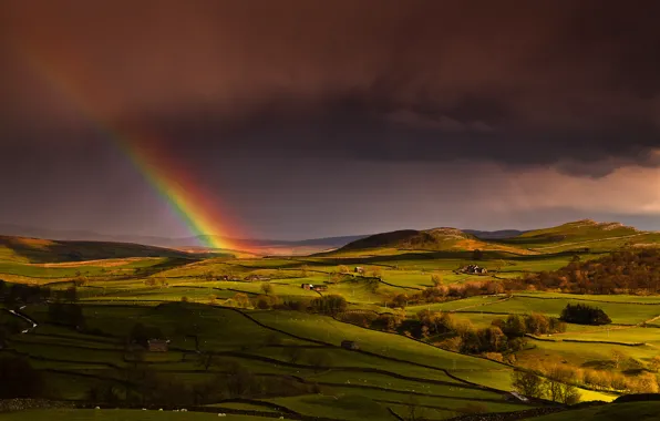 The sky, hills, field, England, home, rainbow, spring