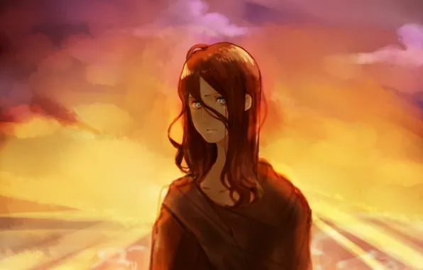 Picture field, the sky, girl, sunset, anime, art, anime, No.6