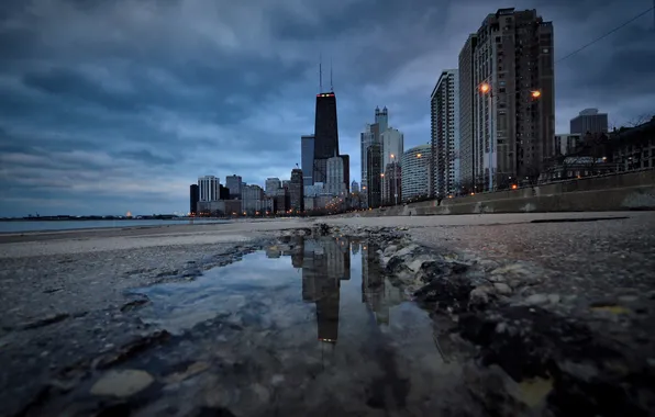Picture building, skyscrapers, the evening, puddle, America, Chicago, Chicago, promenade