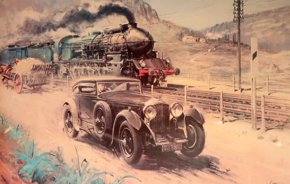 Bentley, Figure, Train, Car, Painting, Terence Cuneo