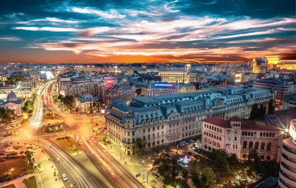 Night, lights, street, home, Romania, Bucharest