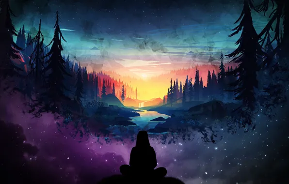 Trees, sunset, night, nature, river, people, valley, sitting