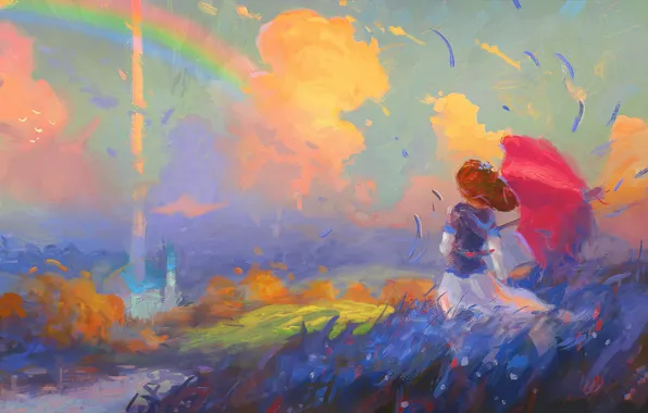 Field, the sky, girl, clouds, the wind, rainbow, hat, umbrella
