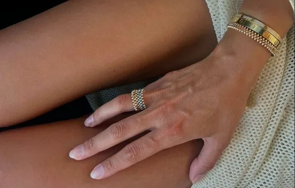 Girl, bracelet, white dress, manicure, ring, slender legs