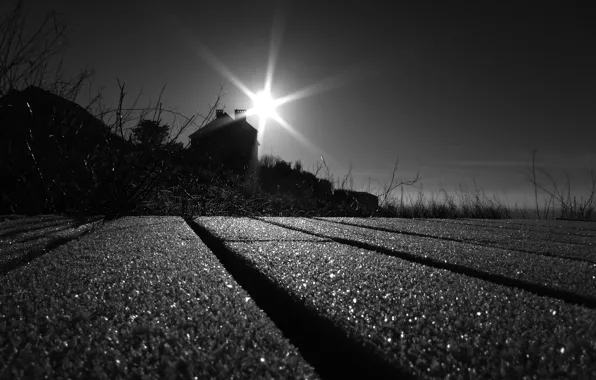 Picture the sun, rays, house, black and white, Road
