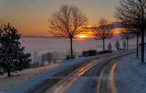 Winter, road, morning