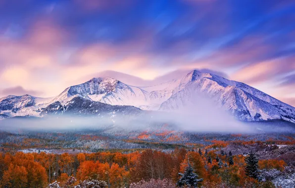 Picture autumn, forest, the sky, snow, mountains, morning