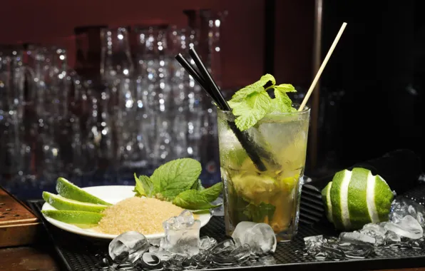 Ice, glass, cocktail, sugar, lime, drink, mint, Mojito