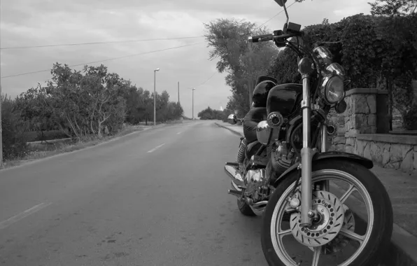 Picture black and white, Road, Motorcycle