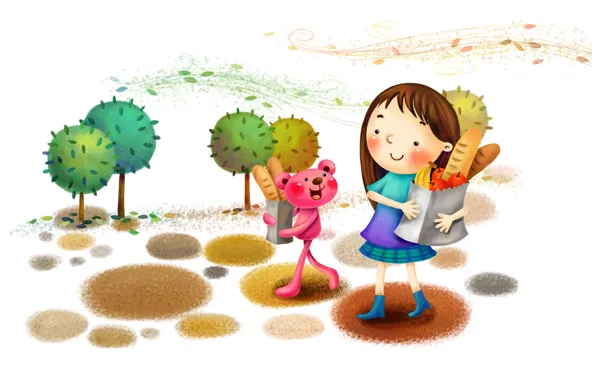 Trees, smile, Park, the wind, figure, bread, girl, fruit