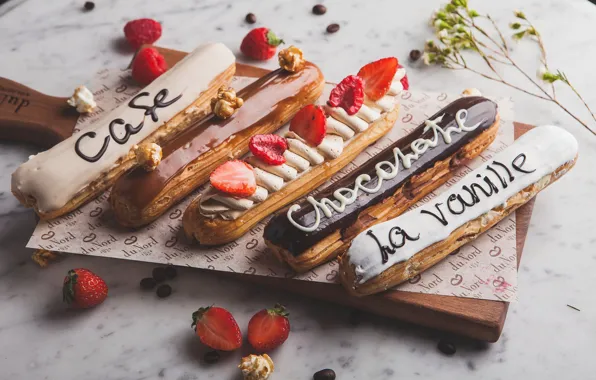 Picture the inscription, chocolate, strawberry, cakes, glaze, eclairs